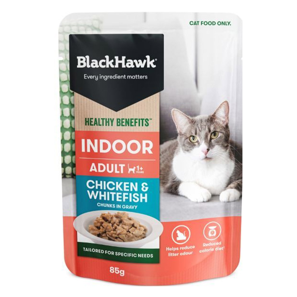 Black Hawk Healthy Benefits Indoor Adult 1+ Chicken & Whitefish Chunks in Gravy Wet Cat Food 85 Gms