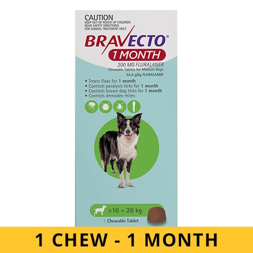 Bravecto 1 Month Chew for Dogs 10-20 Kg - Medium (Green)