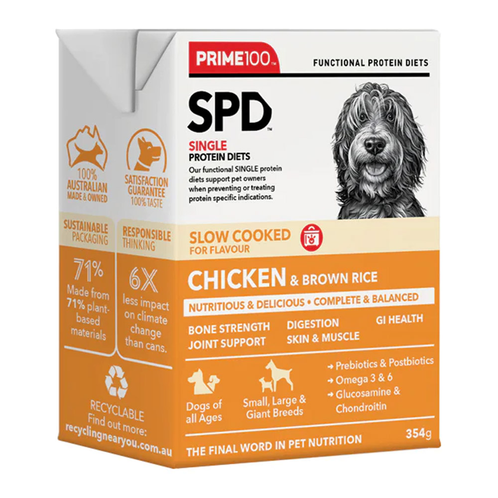 Prime100 SPD Single Protein Diets Slow Cooked Chicken & Brown Rice Wet Dog Food 354 Gm